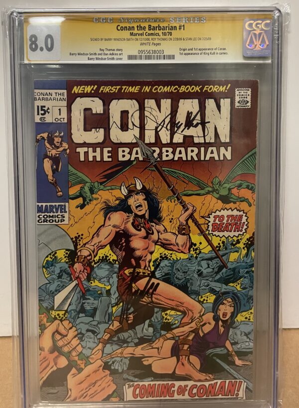 Conan the Barbarian #1 CGC 8.0 White Pages Signed by Stan Lee, Roy Thomas, Barry Windsor-Smith