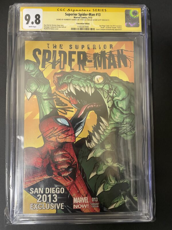 Superior Spider-Man #13 CGC 9.8 SDCC 2013 Signed by Stan Lee, Humberto Ramos, and Dan Slott